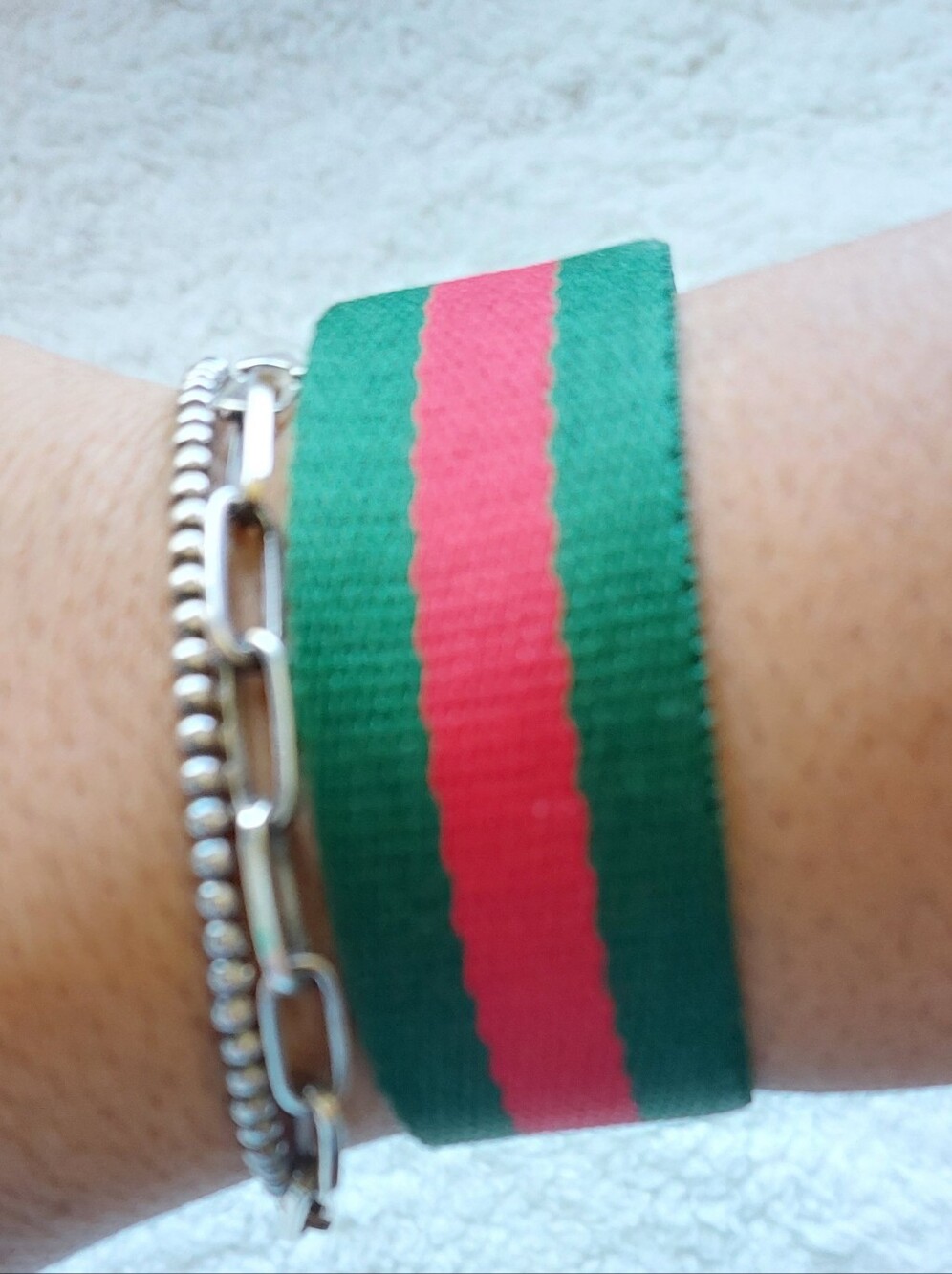 NEW Green-Red Striped Braclet Cuff With Snap Closure